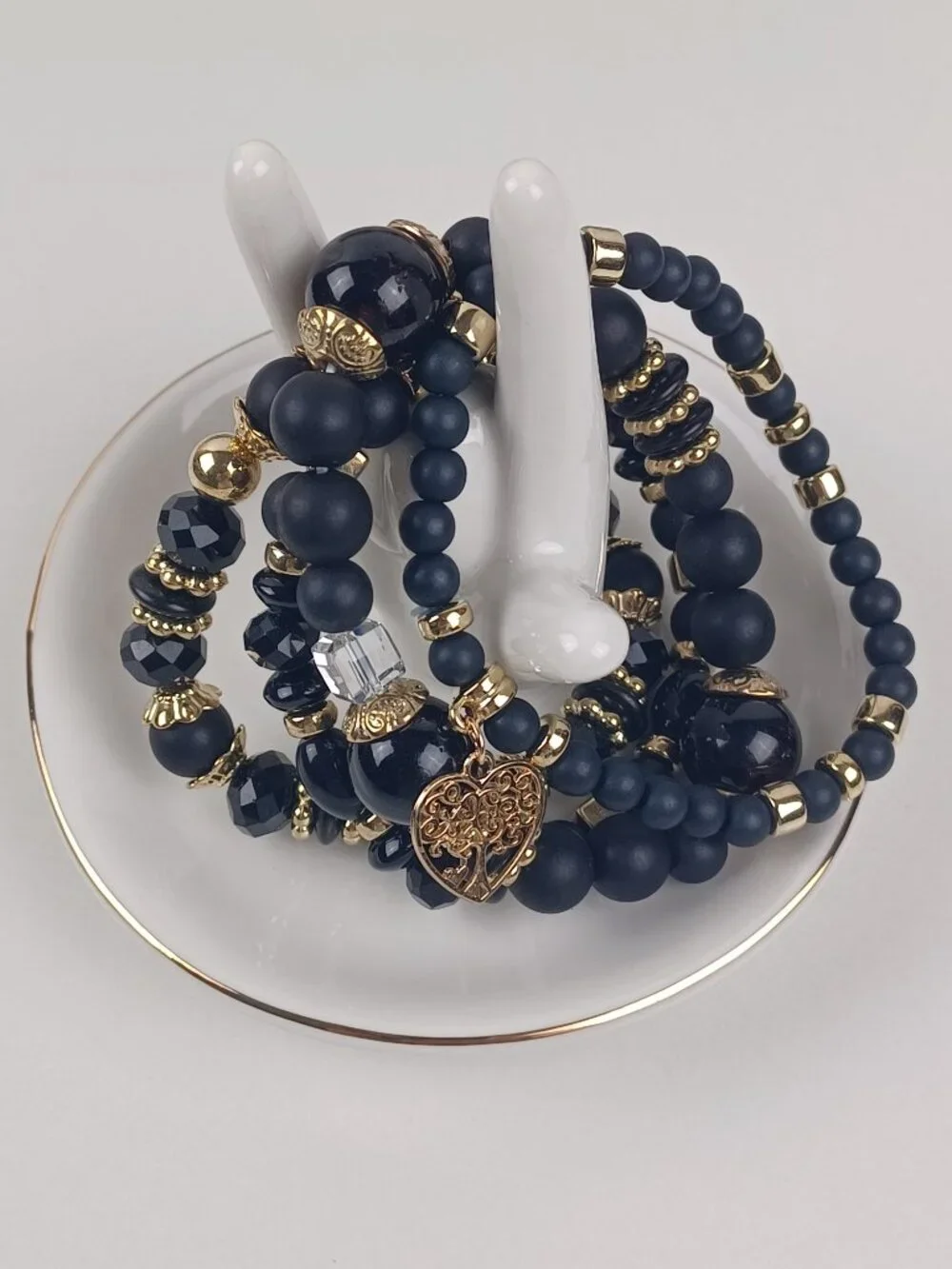 4-Piece Bohemian Beaded Bracelet Set - Black Heart & Tree Pendants